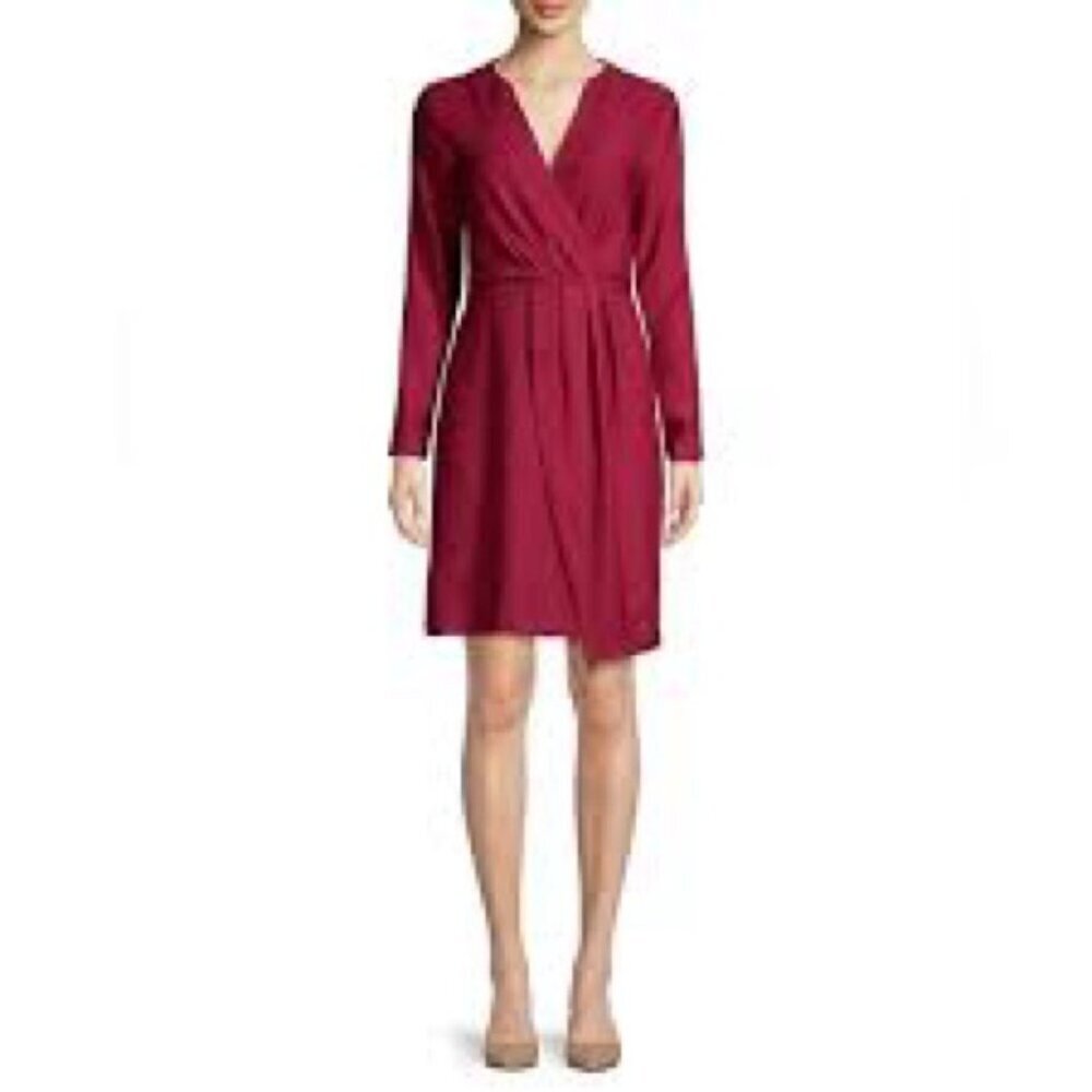 NWT H by Halston V Neck Long Sleeve Faux Wrap Red Dress Sz XL